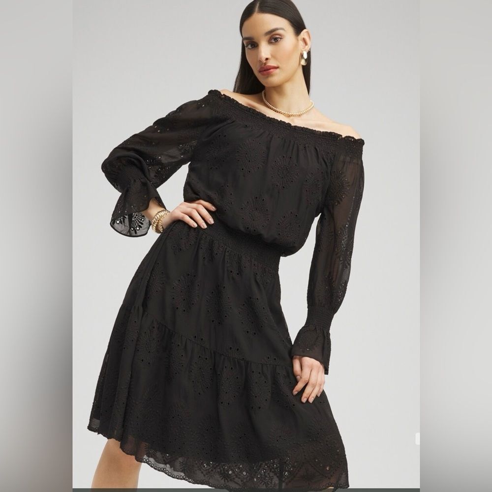 Chico’s Chiffon Eyelet Dress SZ 3.5 US 18 Off The Shoulder Neck Knee Length BLK